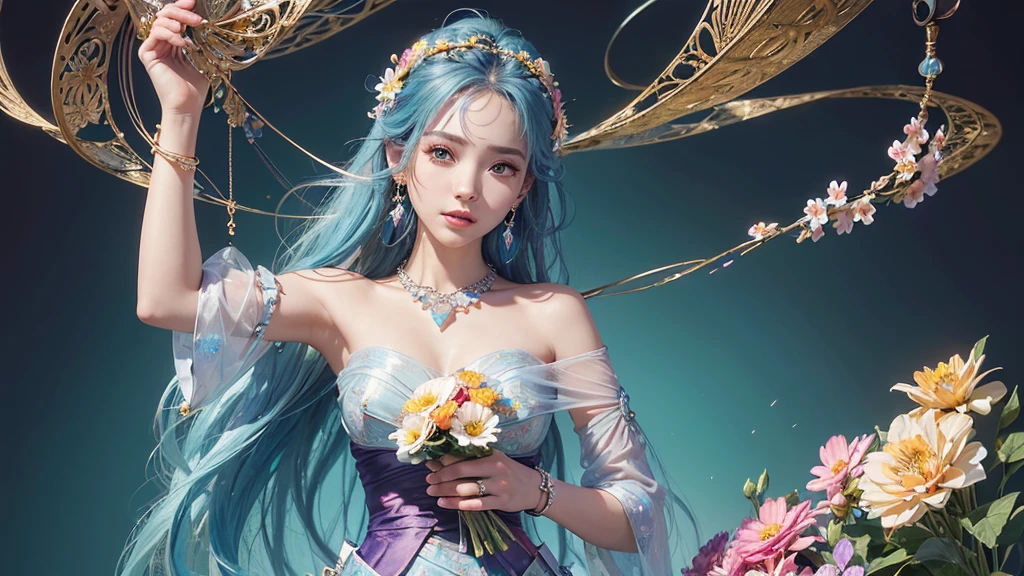 32K, 最高quality, 最高masterpiece, (ultra-Detailed Background, Detailed Background), High resolution, Super detailed, Very detailedな, 1 personの, (bouquet:1.3), (Tangled:1.2), (Geometric:1.2),(colorful),(masterpiece, quality, best quality, Official Art, Beautiful and beautiful:1.2), (1 person:1.3), Very detailed,(colorful:1.1)(Flowers:1.3),Most detailed,(Tangled:1.2), whole body, (Abstract background:1.3), (Skin glows), (Many colors:1.4), ,(Earrings Jewelry:1.5), Light blue and gradient background,