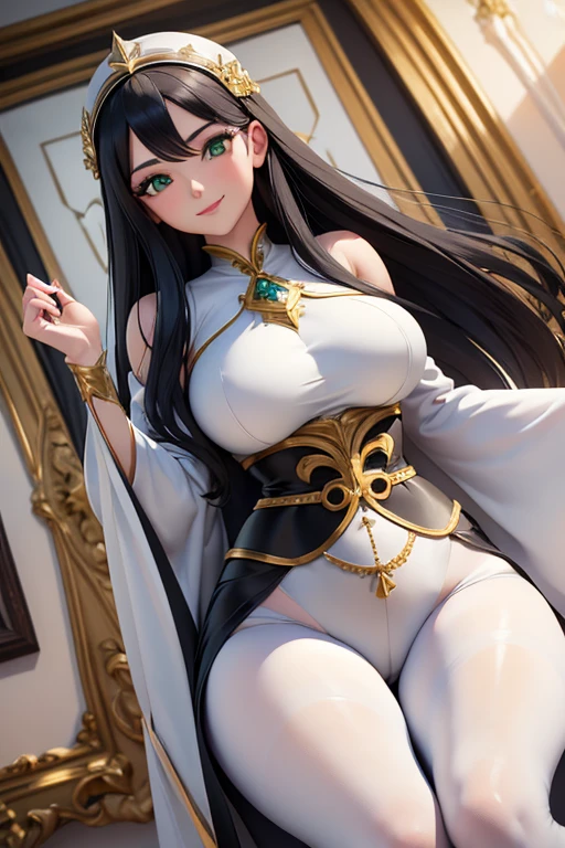 ((best quality)), ((masterpiece)), (detailed), perfect face, wide hips, thin waist, white tights, white black and gold tights, long black hair, green eyes, kind smile, mature woman, hourglass, hourglass shape, giantess, gentle giantess