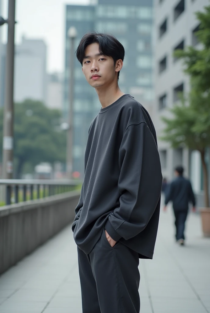 23 years old Japanese male college student Hairstyle parted in the center Forehead visible Simple outfit Color of clothing（monotone） Full body photo（So that you can see your feet） Photos taken unexpectedly Profiles Photos taken from a distance Location（Urban city、A place without people） hands positioned（Don't put your hands in your pockets） Other shoots