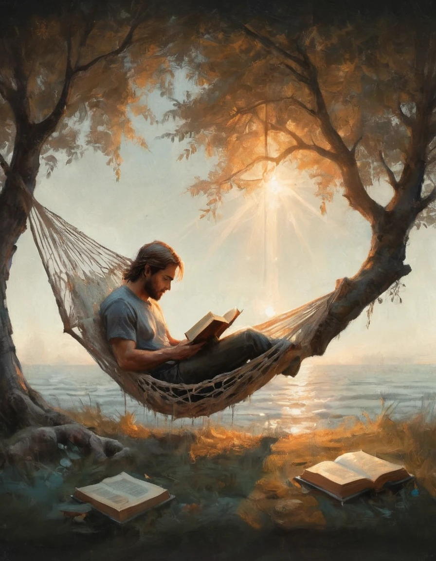 Hyperreal digital art style, "Fairytale", fantasy world coming out of centered book, open book, hyperdetailed double exposure fantasy illustration, masterpiece, cinematic, by Andreas Lie, Luke Gram, photorealism, backlit, gorgeous light, a man with long hair resting in a hammock reading a book
