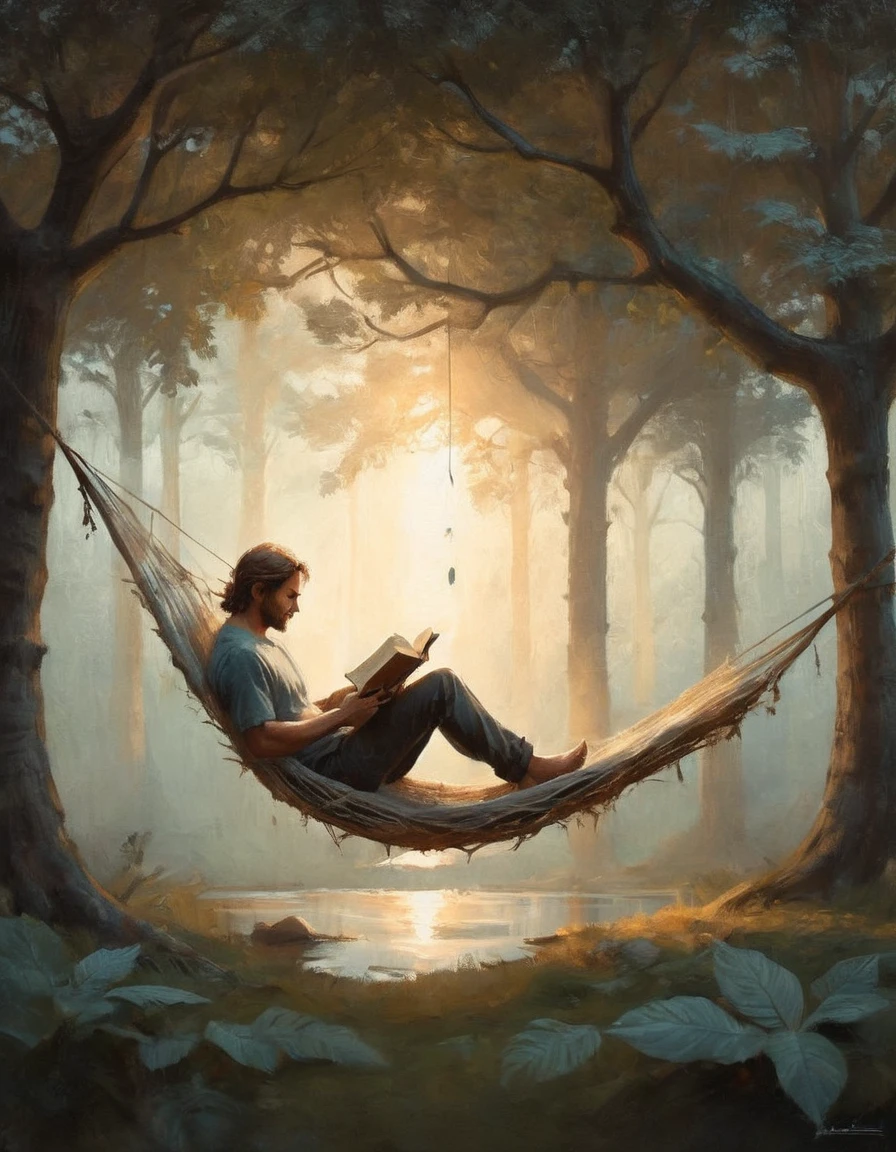 Hyperreal digital art style, "Fairytale", fantasy world coming out of centered book, open book, hyperdetailed double exposure fantasy illustration, masterpiece, cinematic, by Andreas Lie, Luke Gram, photorealism, backlit, gorgeous light, a man with long hair resting in a hammock reading a book
