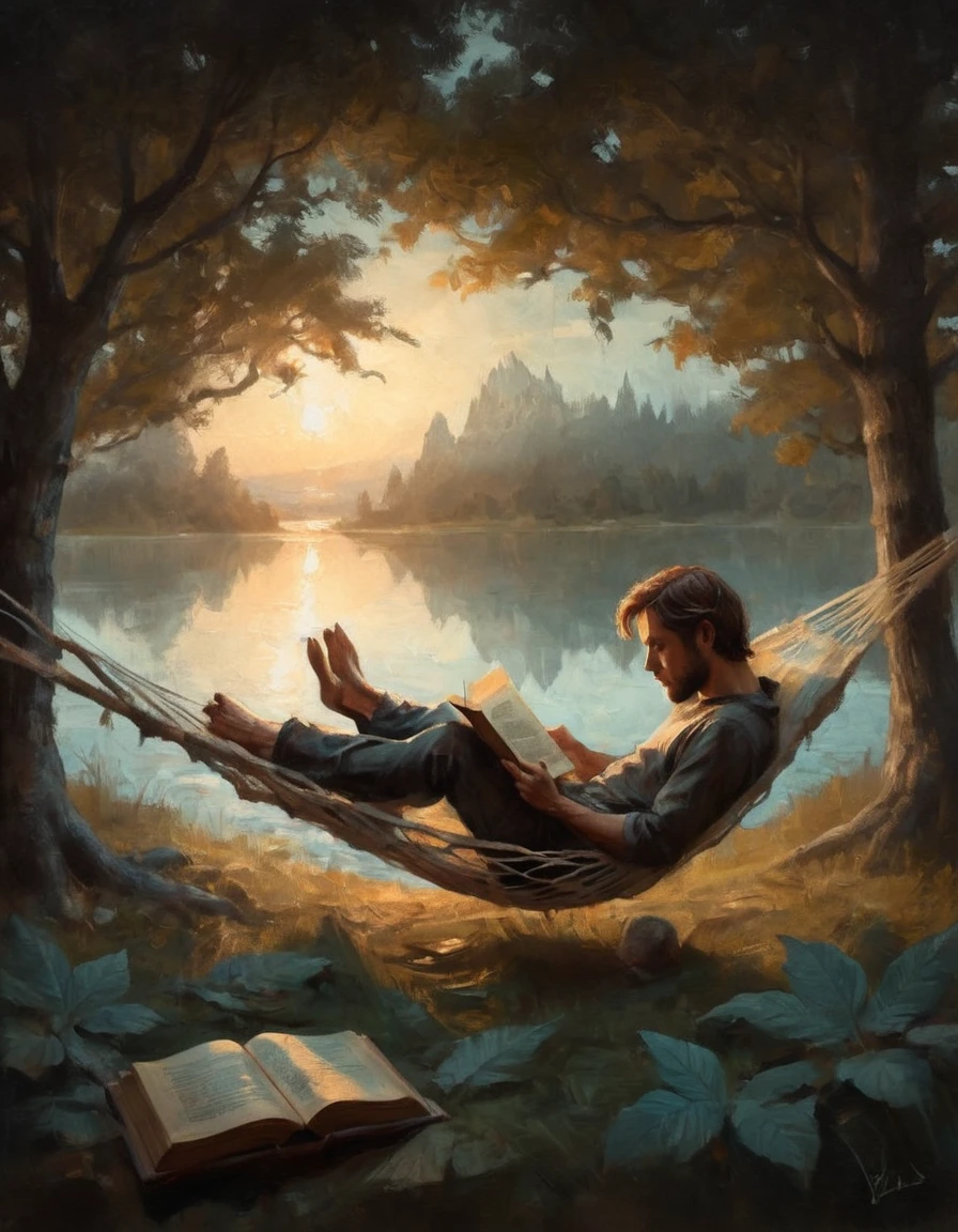 Hyperreal digital art style, "Fairytale", fantasy world coming out of centered book, open book, hyperdetailed double exposure fantasy illustration, masterpiece, cinematic, by Andreas Lie, Luke Gram, photorealism, backlit, gorgeous light, a man with long hair resting in a hammock reading a book