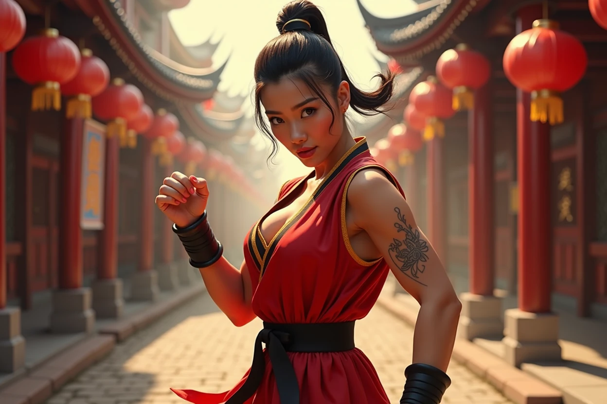 A movie poster depicting a female fighter (Chun-Li) in a folkloric chinese street, with the words "Street Fighter" written in large letters in the center,