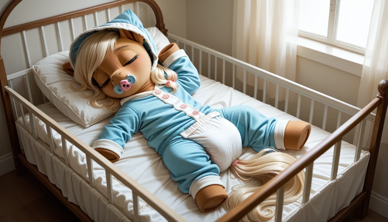 pony, beige earth pony, no horn, no wings, adult mare, closed eyes, sleeping in the crib, dressed in onesie, bonnet and booties, pacifier in mouth, solo, thick diaper under clothes. 