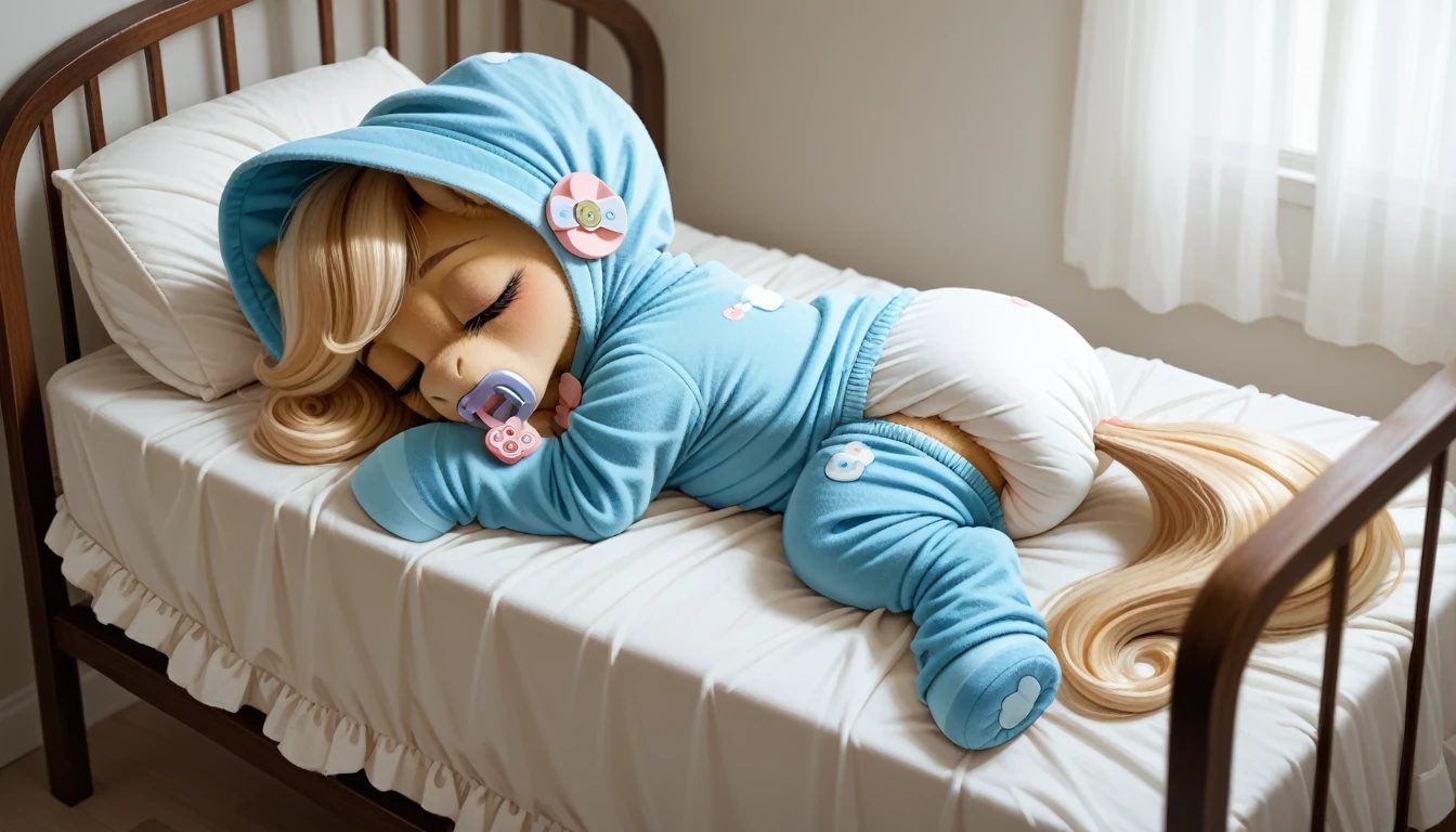 pony, beige earth pony, no horn, no wings, adult mare, closed eyes, sleeping in the crib, dressed in onesie, bonnet and booties, pacifier in mouth, solo, thick diaper under clothes.