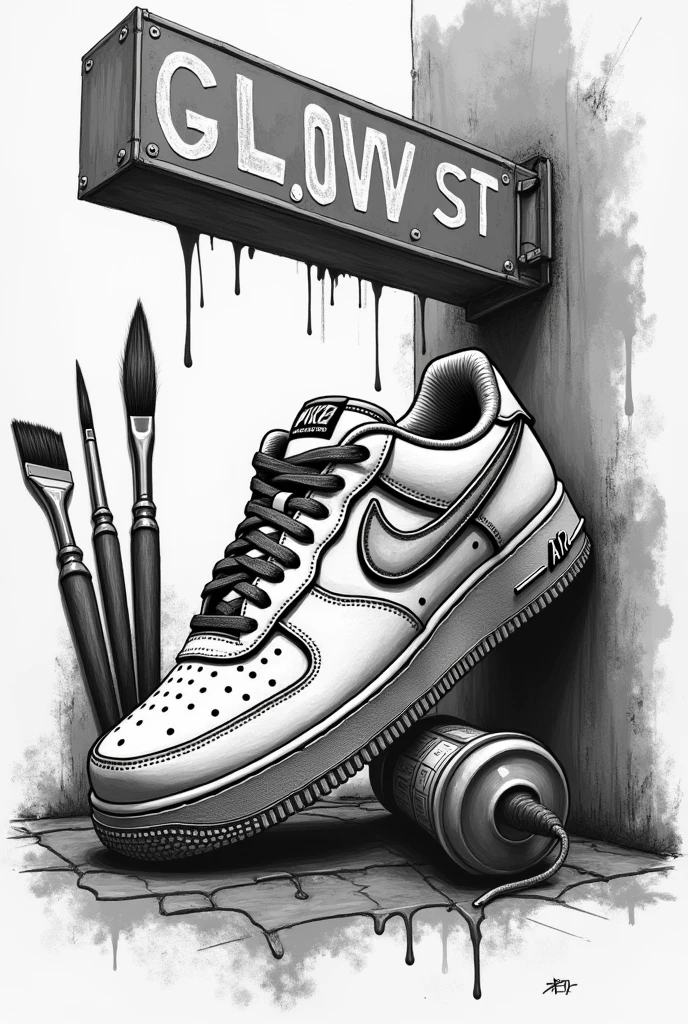 Nike airforce one sketch stained dripped art and street sign that says glow st type los angeles black and white with brushes and spray cans behind vertically don't forget the brushes and street sign