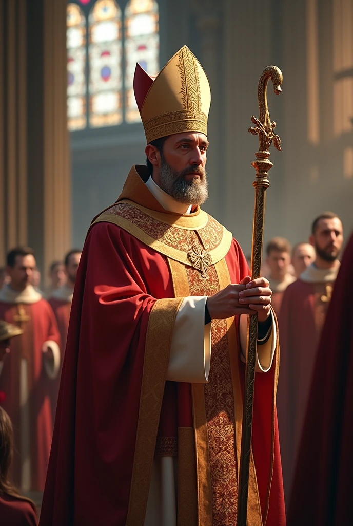Make an image that depicts a photograph after the solemn Pentecost Mass:

Description: a Bishop with all his episcopal insignia, with a mitre on his head and a crosier in his right hand 