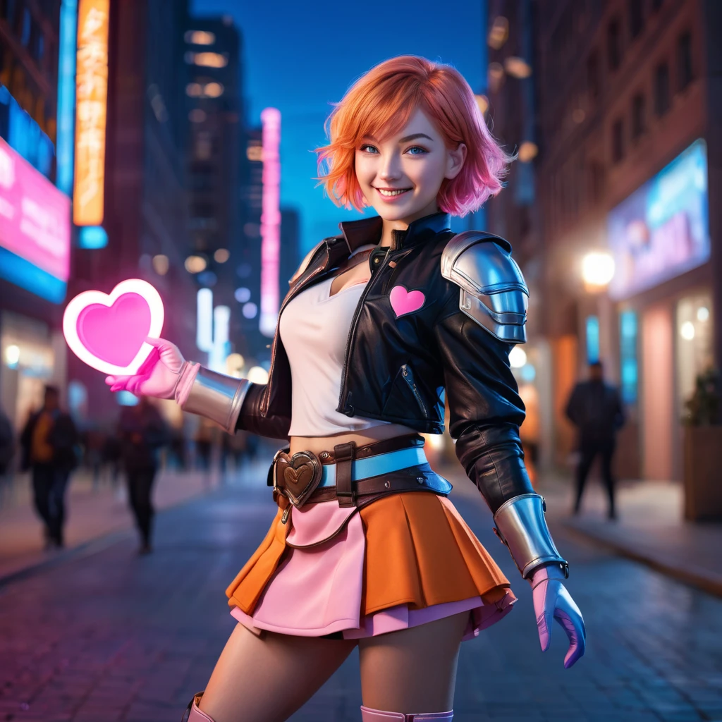 1girl,cowboy shot, beautiful nora_valkyrie, looking at viewer, smile, short hair, blue eyes,heart cutout, gloves, jacket, pink skirt, pink belt, short sleeves, puffy sleeves, single armband, fingerless gloves, orange hair, pink gloves, dynamic pose, night, outdoors, city, (volumetric lighting), best quality, masterpiece, intricate details, tonemapping, sharp focus, hyper detailed, trending on Artstation