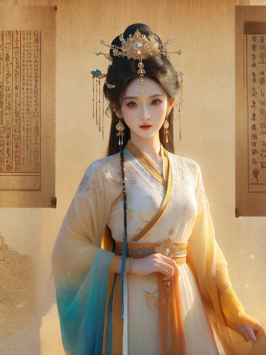 Dunhuang art style, Extremely long-distance lens, A beautiful girl, Perfect face, Pretty Face, Wearing traditional silk dress, Standing on an ancient soft scroll with golden ancient texts, Zen style, Bright Star, Light and Shadow, Ancient White, epic, Extremely delicate brushstrokes, Reality, Photographed by DJI, illustration, 3D Rendering, UHD, masterpiece, accurate, anatomically correct, textured skin, super detail, 8k