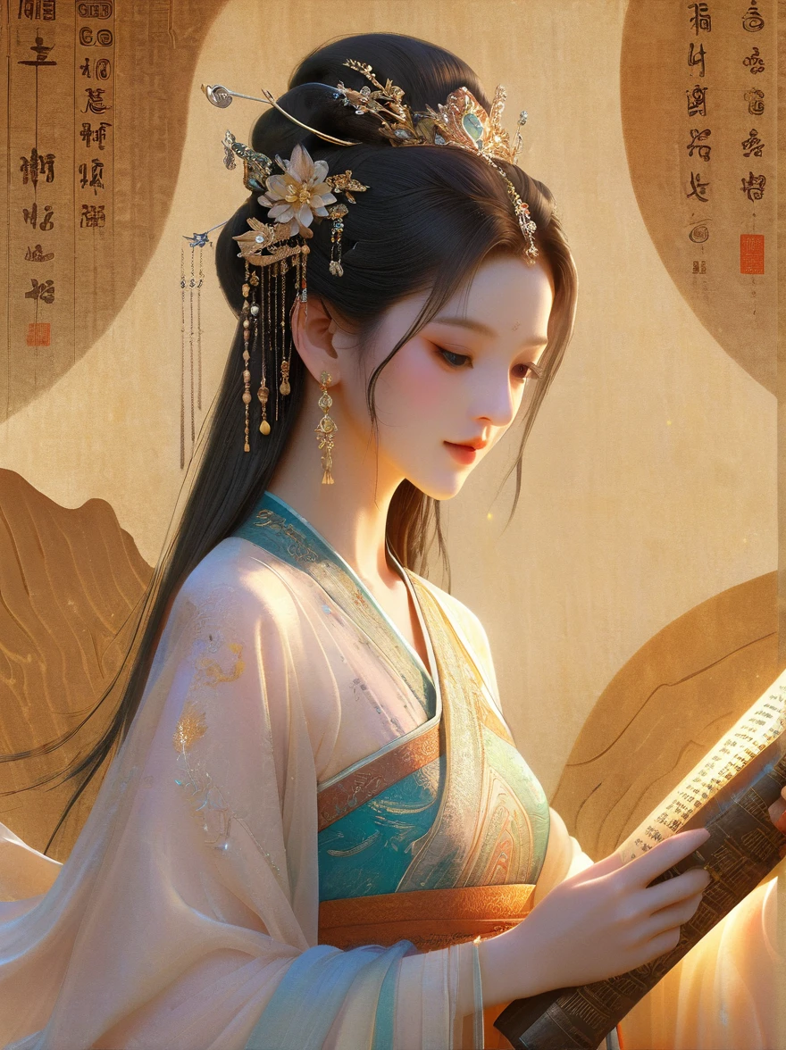 Dunhuang art style, Extremely long-distance lens, A beautiful girl, Perfect face, Pretty Face, Wearing traditional silk dress, Standing on an ancient soft scroll with golden ancient texts, Zen style, Bright Star, Light and Shadow, Ancient White, epic, Extremely delicate brushstrokes, Reality, Photographed by DJI, illustration, 3D Rendering, UHD, masterpiece, accurate, anatomically correct, textured skin, super detail, 8k