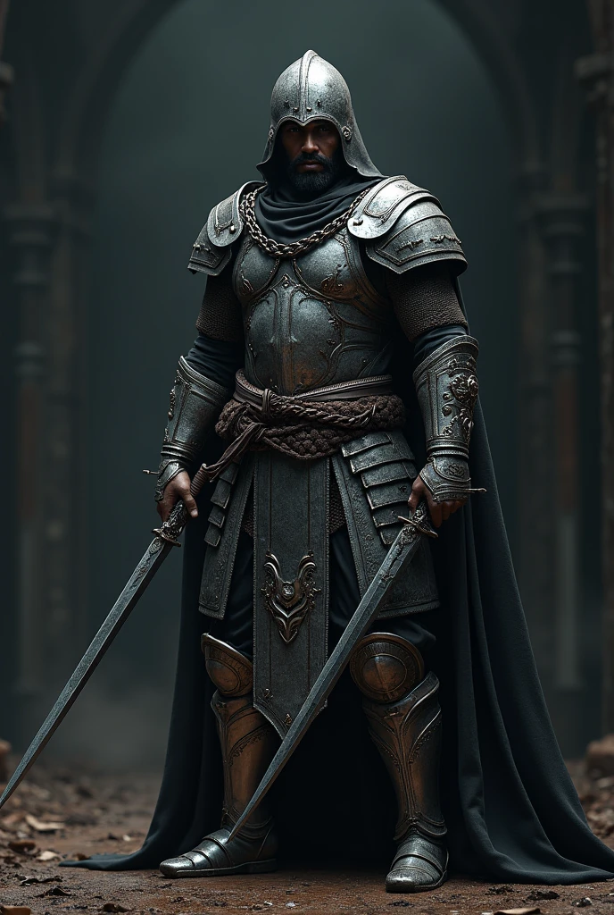 Front view, battle pose, Muslim warriors, black man , (Has black hair and a beard),(Cover the whole body in armor, He has a Arabian sword in both hands , ((He wears a chain clothes, and metal helmet, body armor))) , night ((Anatomically correct,Surrealism, uhd, retina, accurate, anatomically correct, textured skin, super detail, high details, best quality, 8k))
