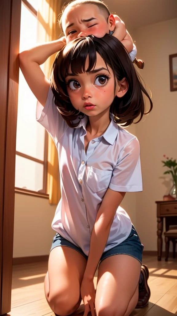 score_9, score_8_up, score_7_up, 1boy, 1girl, mature female, (mother and son), kid, hand on head, kneeling, in a room, bukkake, boy small dick, boy 8-year-old