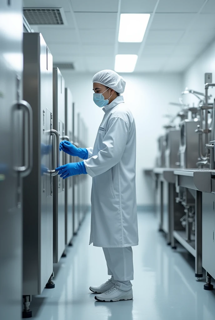 a person in white clothes, labcoat,  protection, with blue gloves, face covered with balaclava, cleaning an internal environment of a food factory, stainless steel machines, limpo e organizado, White walls, ultra realistic realistic