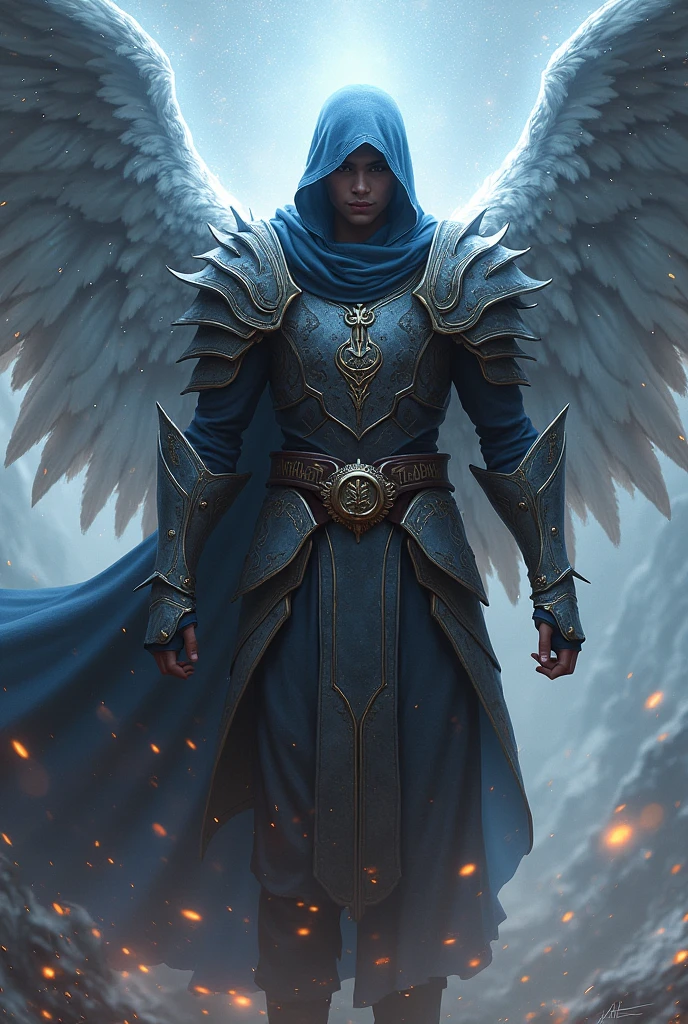 (adolescent) (masculine ) (with mixed skin complexion) (Hispanic appearance)( guerrero) ( With Silver Wings) (levitating) and with (warrior armor ) ( con una capucha que cubre They are rostro) and with (a cosmic aura) They are (Face cannot be seen) (The armor has writings from the Apocalypse)