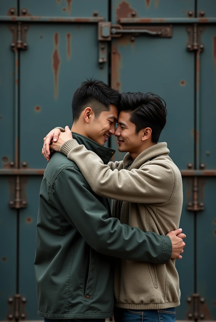 Generate a picture of a 25 years old handsome asian boy hugging a blonde boy and behind them is big steel gate like to keep them safe. It should look real.