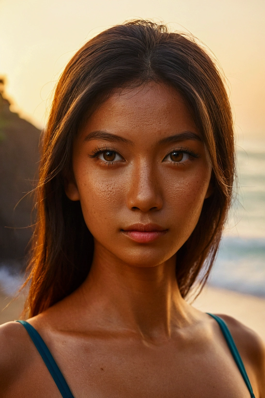 ((prefect eyes)), (deailed skin), looking at camera, Dynamic shot of Indonesian model in traditional-inspired swimwear, framed from full hairstyle to mid-thigh. Subject fills 70% of the frame. Background 30: Out-of-focus Uluwatu beach - softened cliff silhouettes, blurred outlines of a few surfers in the water, hazy shapes of beach umbrellas. Defocused sunset colors in the sky. Fujifilm GFX 100S, 110mm f/2.
