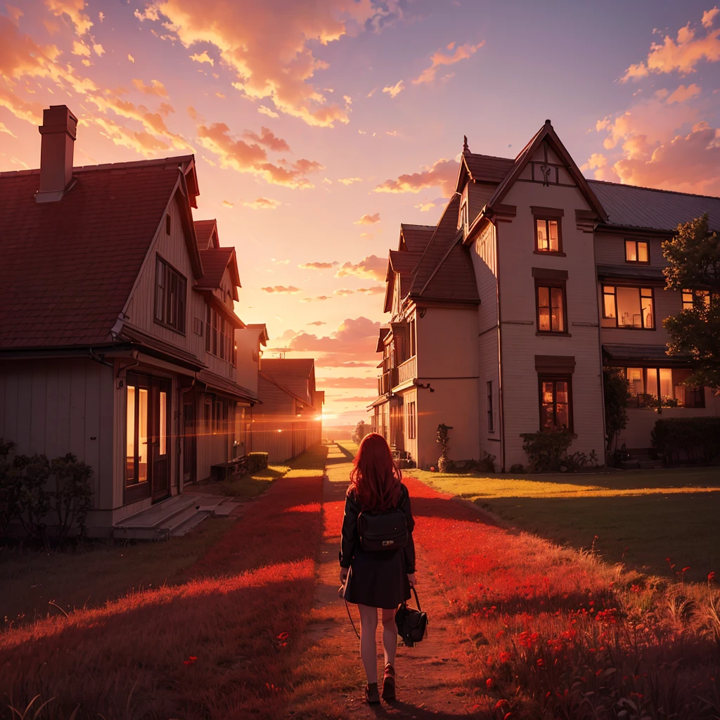 Red sky shining on the grass on the ground, sunset, giant clouds beyond description, a very imaginative scene, a house with red lights reflecting on the grass, red, red lighting