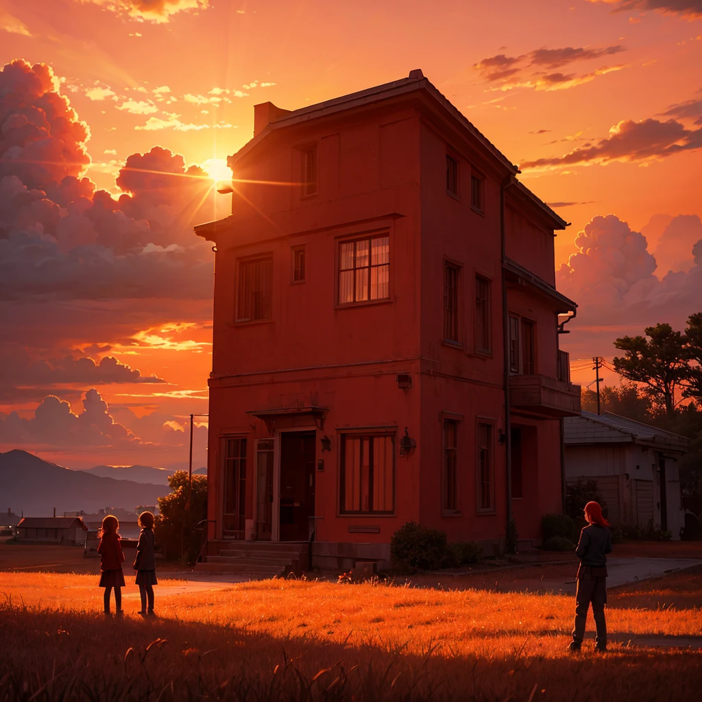 Red sky shining on the grass on the ground, sunset, giant clouds beyond description, a very imaginative scene, a house with red lights reflecting on the grass, red, red lighting