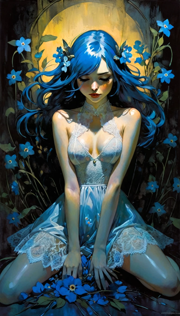 かんざし かんざしさん(((masterpiece))), ((highest quality 16k)), (ephemeral:1.3), ((sexy girl)) ((sexy lace dress)) ((detailed and delicate)), ((fantastic background)), ((long blue hair)), holding a small blue flower,many flowers, flowers all over the image,the flowers surround the girl,surrounded by flowers,, look down, Forget-me-not, NEON COLOR, LOFI COLOR,eroticism, sexy, black and white image, between shadows, oil painting, chiaroscuro, sensual, dramatic lighting, moody atmosphere, photorealistic, intricate details, masterpiece, ultra-detailed, high quality, 8k, best quality, realistic, cinematic, dark and brooding, expressionistic,{pussy,spread her pussy,cum,cum on pussy,masterbation,straddling,},, powerful composition, emotional impact, Bill Sienkiewicz and Dave Mckeaninspired art