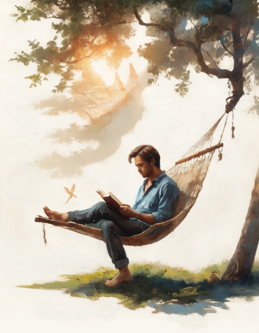 Hyperreal digital art style, "Fairytale", fantasy world coming out of centered book, open book, hyperdetailed double exposure fantasy illustration, masterpiece, cinematic, by Andreas Lie, Luke Gram, photorealism, backlit, gorgeous light, a man with long hair resting in a hammock reading a book
