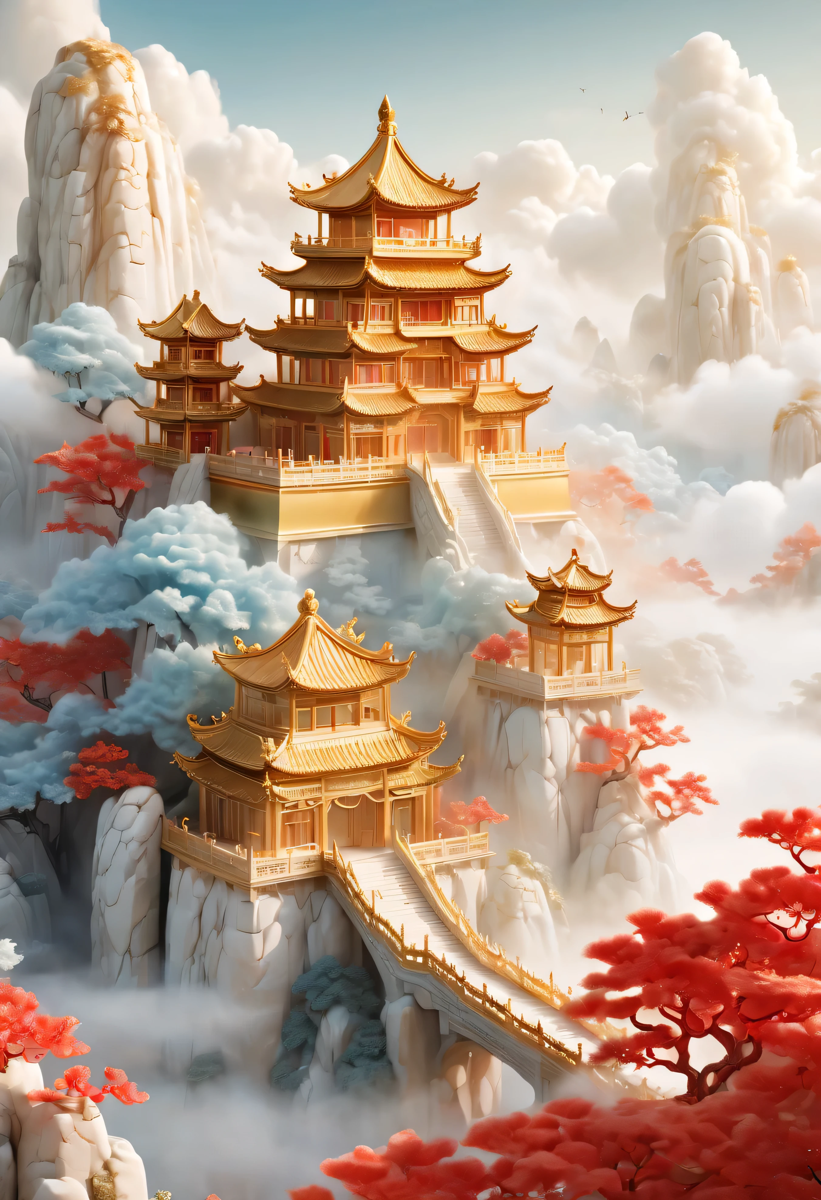Gold and red, palace in the sky, Chinese Jade, Golden Palace, White Cloud, wonderland,
mist, Big scene, Dark white、Gold and light sky blue style, Laminated Fiber,
organic sculpting, focus stack, Vista