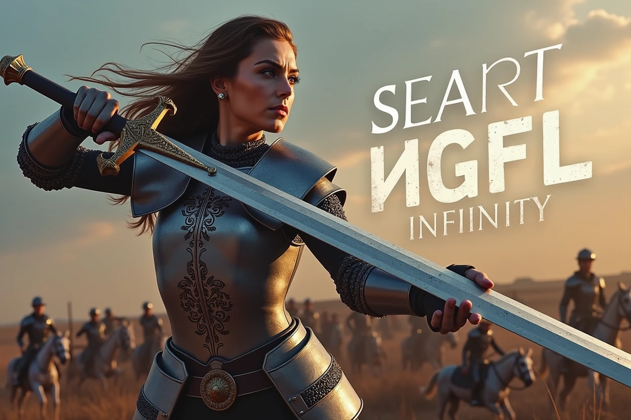 A movie poster depicting a female knight wielding a sword on a battlefield with the words "SeaArt  INFINITY" written in large letters in the center,