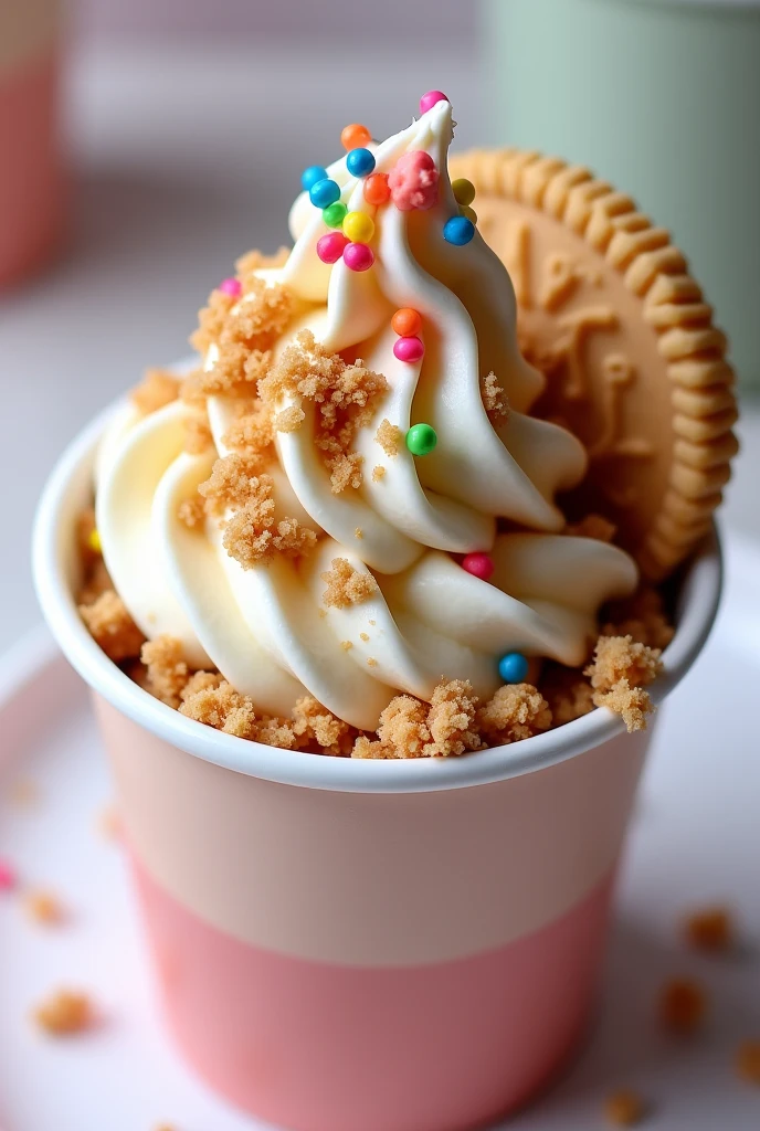 Roll ice cream with cookies and sprinkles on top close up photo in cup