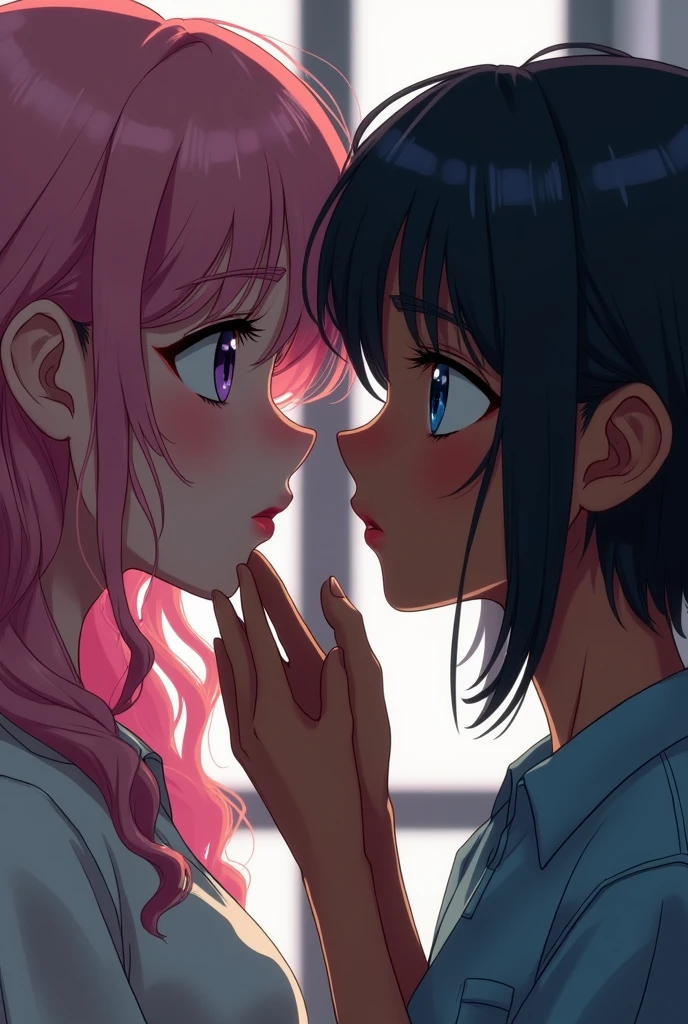 Hot pink-haired emo girl, curly and long, with big pink lips, with long eyelashes violet eyes, They look into each other&#39;s eyes with another embarrassed dark-skinned girl with blue eyes as she touches her lips tensely ,dark skinned dwarf , short black pixie hair cut very short above the ears in a catholic school 