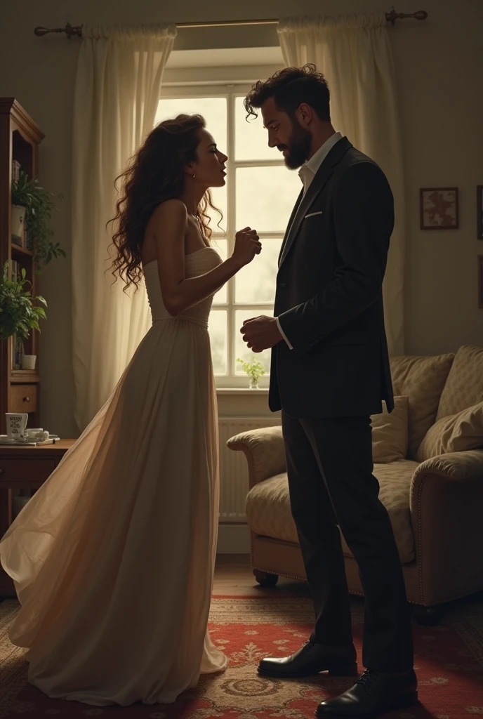 a wife with long dress who always fight with her husband