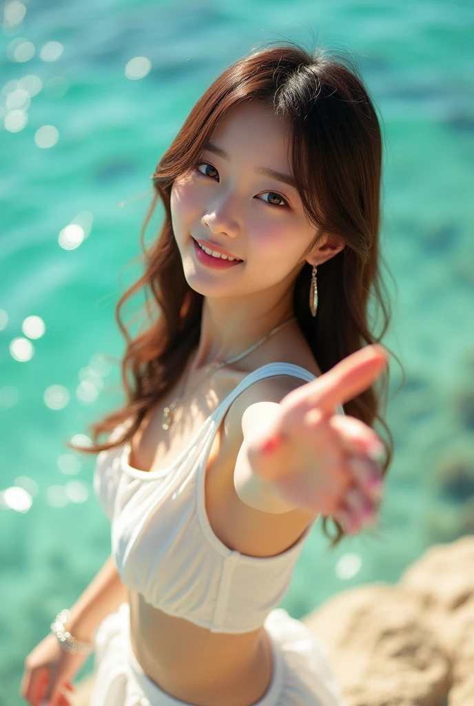 (masterpiece, 8k, best quality, RAW photo, photo realistic, ultra detailed), (insanely detailed and intricate:1.2), (beautiful Japanese girl), slender, 20yo, kawaii, cute, detailed face, detailed eyes, brown eyes, (thin eyebrow), detailed skin, (light brown hair), (wavy hair), (medium hair), blush, (small breasts), cleavage, (white cropped brause:1.4), (flare skirt), earrings, (necklace), bracelet, (looking at viewer:1.4), (close-up face:1.1), (seductive pose:1.2), (standing:1.2), (reaching out), (wistful smile), BREAK (overlooking turquoise sea), (sunlight), (beach), (cowboy shot)