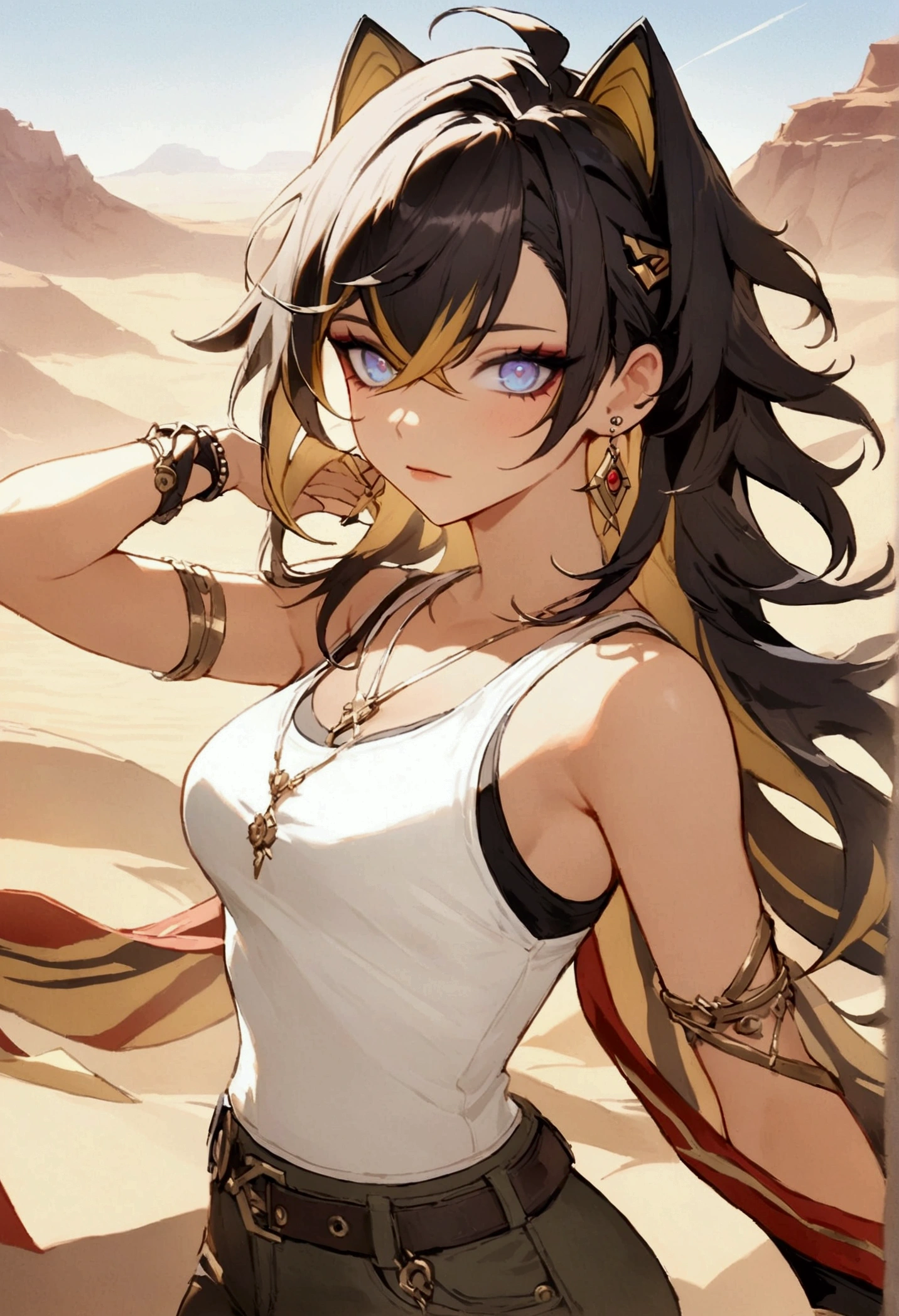 A detailed and stylish illustration of Dehya from Genshin Impact, depicted in a modern, casual outfit. She is wearing a sleek, form-fitting tank top that emphasizes her athletic physique, paired with stylish cargo pants that reflect her rugged, desert warrior background. Her long, wavy black hair with golden highlights flows freely, catching the light as she stands confidently, looking directly at the viewer with her piercing, frosted sapphire eyes. Her expression is both fierce and friendly, showcasing her strong yet compassionate personality. The background could feature a subtle desert landscape, softly blurred to keep the focus on Dehya