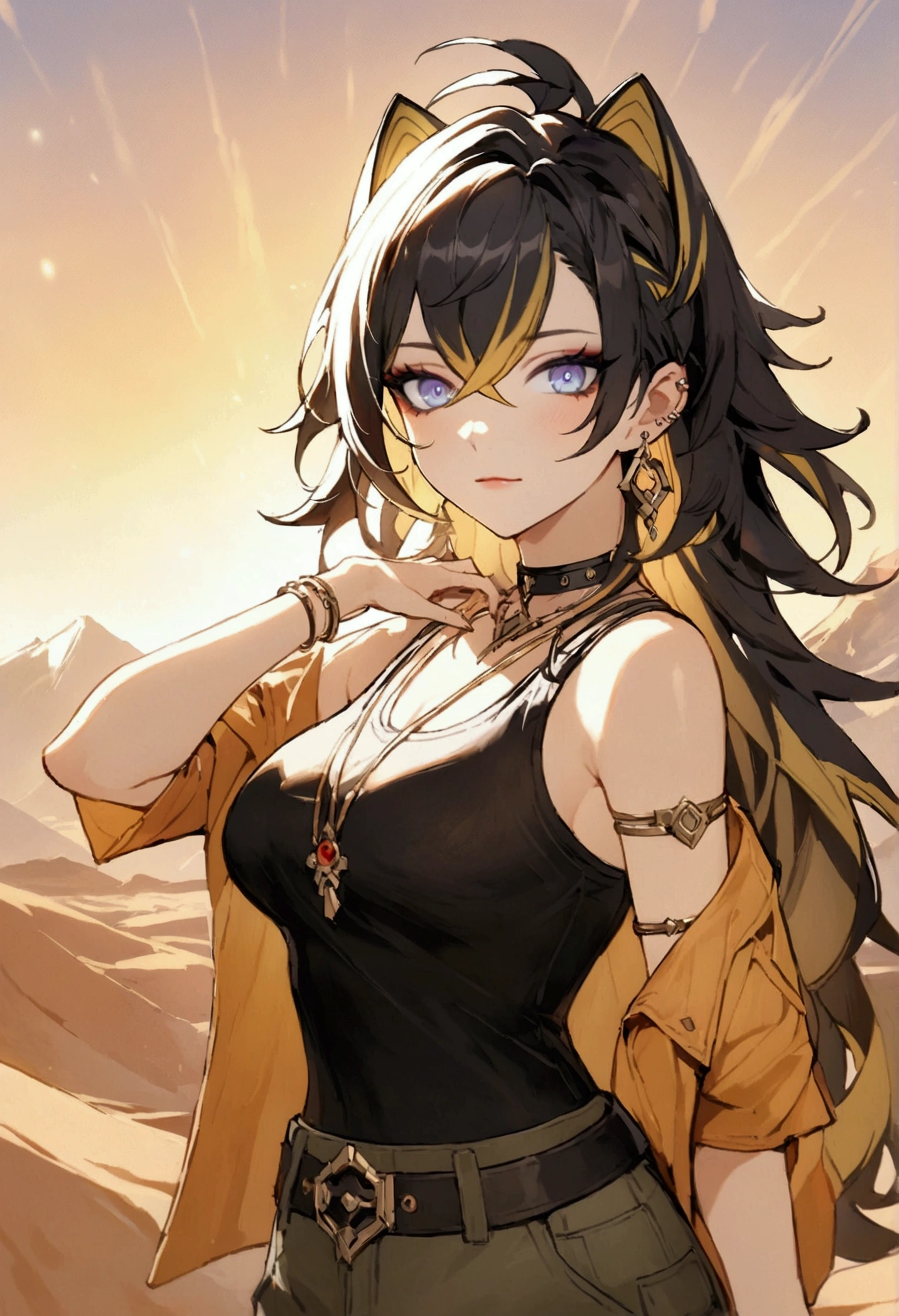 A detailed and stylish illustration of Dehya from Genshin Impact, depicted in a modern, casual outfit. She is wearing a sleek, form-fitting tank top that emphasizes her athletic physique, paired with stylish cargo pants that reflect her rugged, desert warrior background. Her long, wavy black hair with golden highlights flows freely, catching the light as she stands confidently, looking directly at the viewer with her piercing, frosted sapphire eyes. Her expression is both fierce and friendly, showcasing her strong yet compassionate personality. The background could feature a subtle desert landscape, softly blurred to keep the focus on Dehya