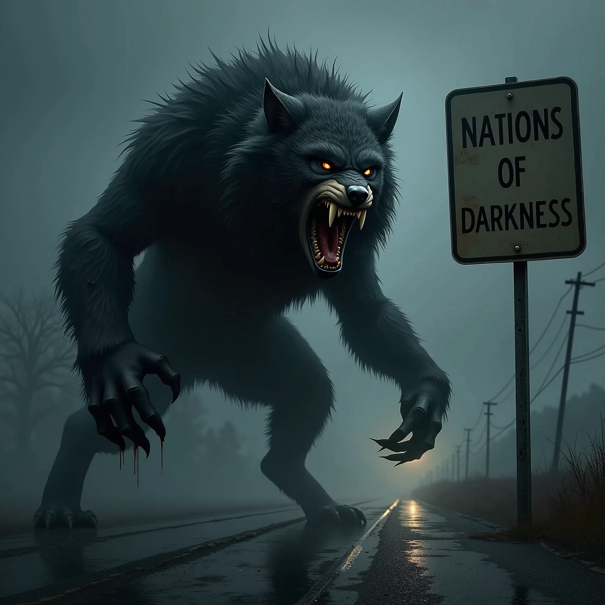 Werewolf roaring with mouth wide open,The road sign ahead,The board reads "Nations of Darkness"