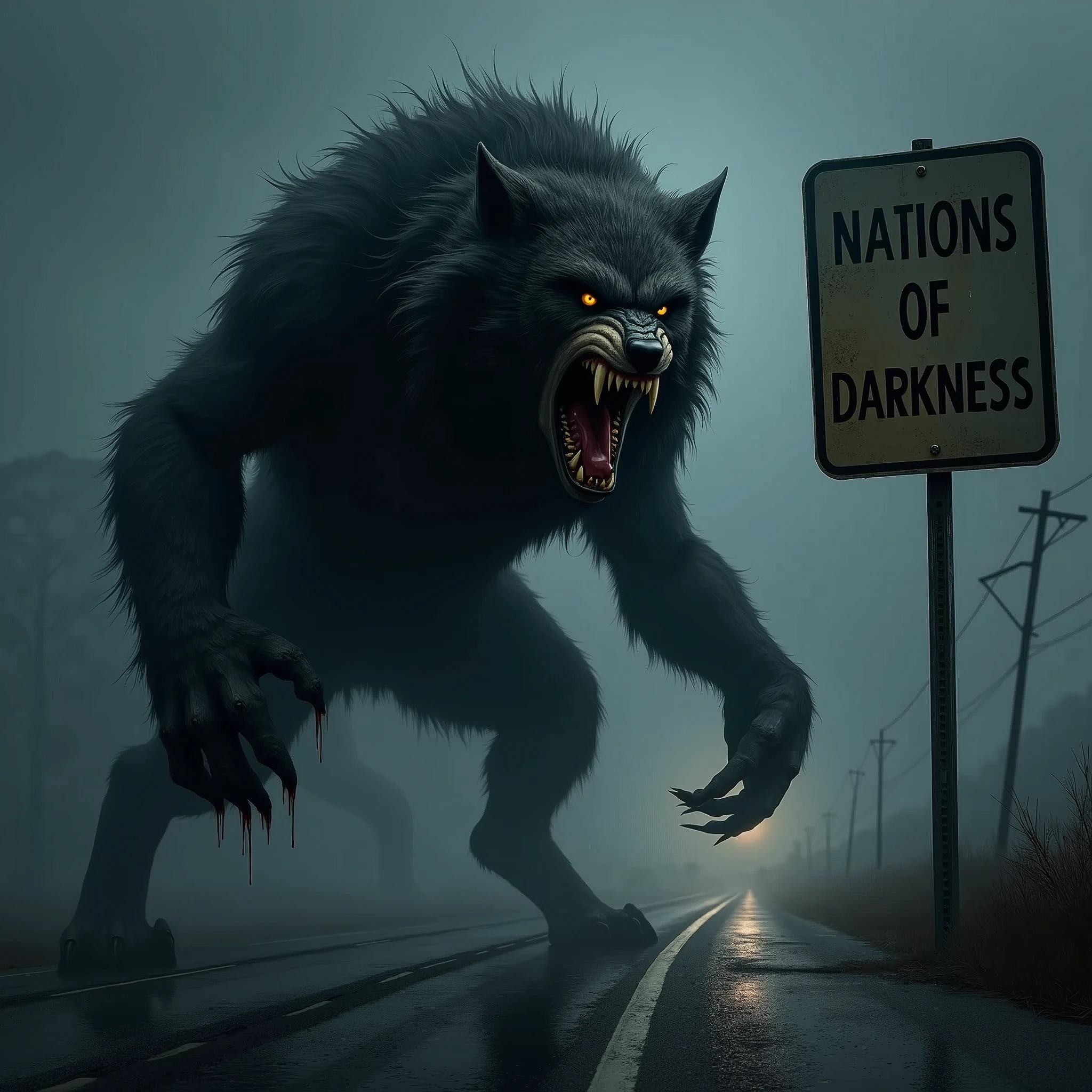 Werewolf roaring with mouth wide open，The road sign ahead，The board reads &quot;Nations of Darkness&quot;