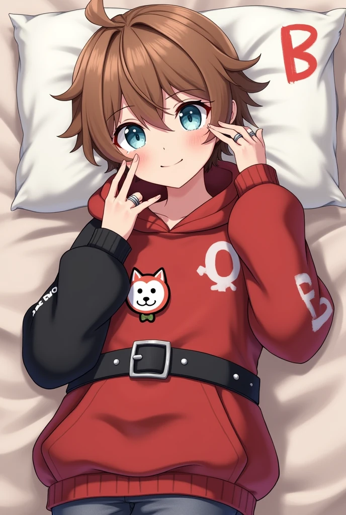 Brown haired boy。Her short hair with outward curls is bouncing.。Smiling with droopy blue eyes。Wearing an oversized hoodie and white headphones。The background is simple。The hoodie is mainly red with black on the arms and hood.。The parka is a jacket type.、Open。The sleeves are black and only the cuffs are red。He has plastic-like rings on both his wrists.。There is an awkward looking smiley face painted in red on the sleeve near the shoulder.。The back is painted in white with an awkward B on it.。The hoodie is held in place by a black belt with silver hardware.。On his belt he wears a fox-like accessory with a white to red gradient.。A simple, blank, greyish greenＴWearing a shirt。The pants are black and have no particular pattern.。She wears knee-high shoes made of red and white cushioning material.。Anime style with a gentle touch。Large。Male。Give me a white pillow and some big manga meat。

