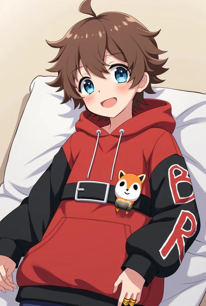 Brown haired boy。Her short hair with outward curls is bouncing.。Smiling with droopy blue eyes。Wearing an oversized hoodie and white headphones。The background is simple。The hoodie is mainly red with black on the arms and hood.。The parka is a jacket type.、Open。The sleeves are black and only the cuffs are red。He has plastic-like rings on both his wrists.。There is an awkward looking smiley face painted in red on the sleeve near the shoulder.。The back is painted in white with an awkward B on it.。The hoodie is held in place by a black belt with silver hardware.。On his belt he wears a fox-like accessory with a white to red gradient.。A simple, blank, greyish greenＴWearing a shirt。The pants are black and have no particular pattern.。She wears knee-high shoes made of red and white cushioning material.。Anime style with a gentle touch。Large。Male。Give me a white pillow and some big manga meat。

