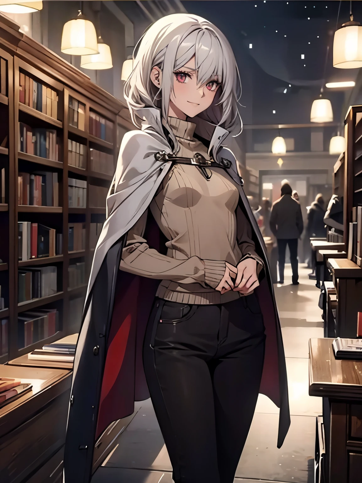 (Confused, High resolution, Very detailed), 1 female, Silver Hair,Shortcuts,Crimson Eyes,sweater,24th generation,beauty,mature,thin,quiet,Calm,A small smile,A kind smile,A shy smile,In front of people you like,Food Cape,Slender and thin,boots,skinny pants,Night Library,,talk,sofa,Small breasts,