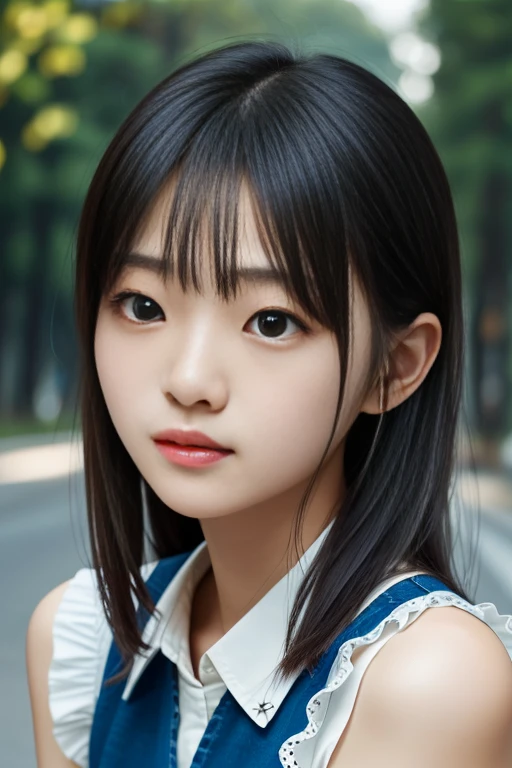 Tabletop, 最high quality, RAW Photos, Absurd, Award-winning portrait, alone, beautiful girl, 18-year-old, 8k, View your viewers, Digital SLR, Colorful, nature, Frank, White Elegance Eyelet Frill Sleeveless Shirt, Sophisticated, Zola々right, (Thin arms, Skin with attention to detail:1.2), Cute Face, Soft lighting, high quality, Film Grain, chromatic aberration, Bluish black eyes、Black-haired