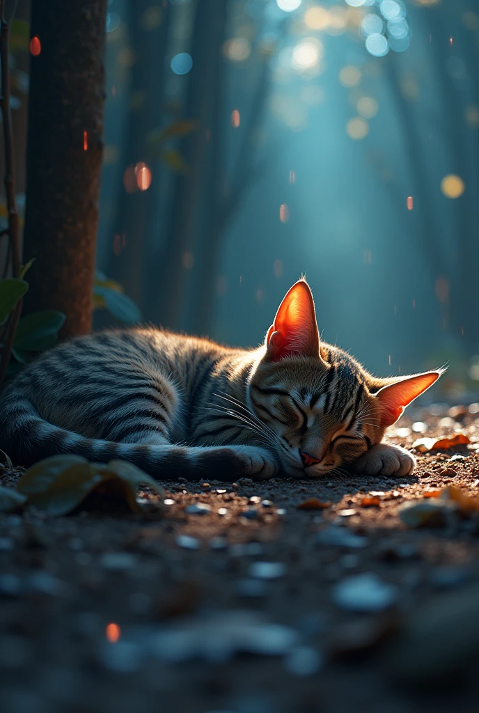 1 slim tabby cat is sleeping on the dirty ground with the light shining on its, in the style of colorful prisma, erased and obscured, multiple flash, 2