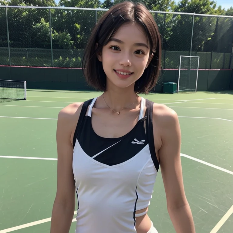 Masterpiece、8k、Very realistic、Japanese、One person、woman、Skinny athletic model body、Flat Chest、tall、whole body、38 years old、(Hairstyle:short hair(1.4))、Inside the tennis court、The best smile、clothing:Wearing tennis wear