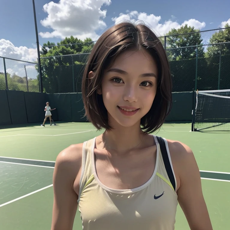 Masterpiece、8k、Very realistic、Japanese、One person、woman、Skinny athletic model body、Flat Chest、tall、whole body、38 years old、(Hairstyle：short hair(1.4))、Inside the tennis court、The best smile、clothing：Wearing tennis wear