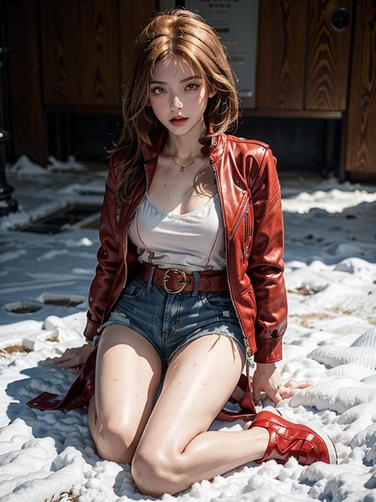 Wear a bandeau，Red ultra-short leather vest jacket，Red super shorts，belt，A young girl with short, golden hair wearing women's leather shoes.，Close-up of kneeling on one knee in the snow，Full body close-up