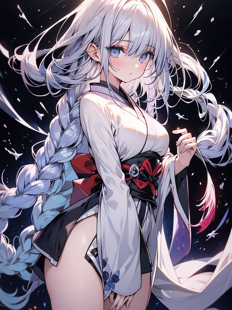 (Ultra-delicate), (Be focused), (high resolution), (((Silver hair with gradient stripes and light blue tail))), Cute beauty face, , ((Clear light blue eyes)), thin eyebrows, long upper eyelashes, Double eyelids, Upper Eye, (super detailed eyes), Sexy lips, lip details, White skin, Delicate skin, Deformed depth of field blurred background, (Detailed background), Perfect layer cut, (full-body shot/Cowboy shooting/side view), wallpaper, Shimmer, complicated, familiar, Onmyoji, particle, constellation, Stardust, universe, Pentagram, ((Talisman)), Comfort and tranquility, peaceful, Japan, Black, White Kimono, With crystal, Fortune Telling, time and space, incantations, 8k