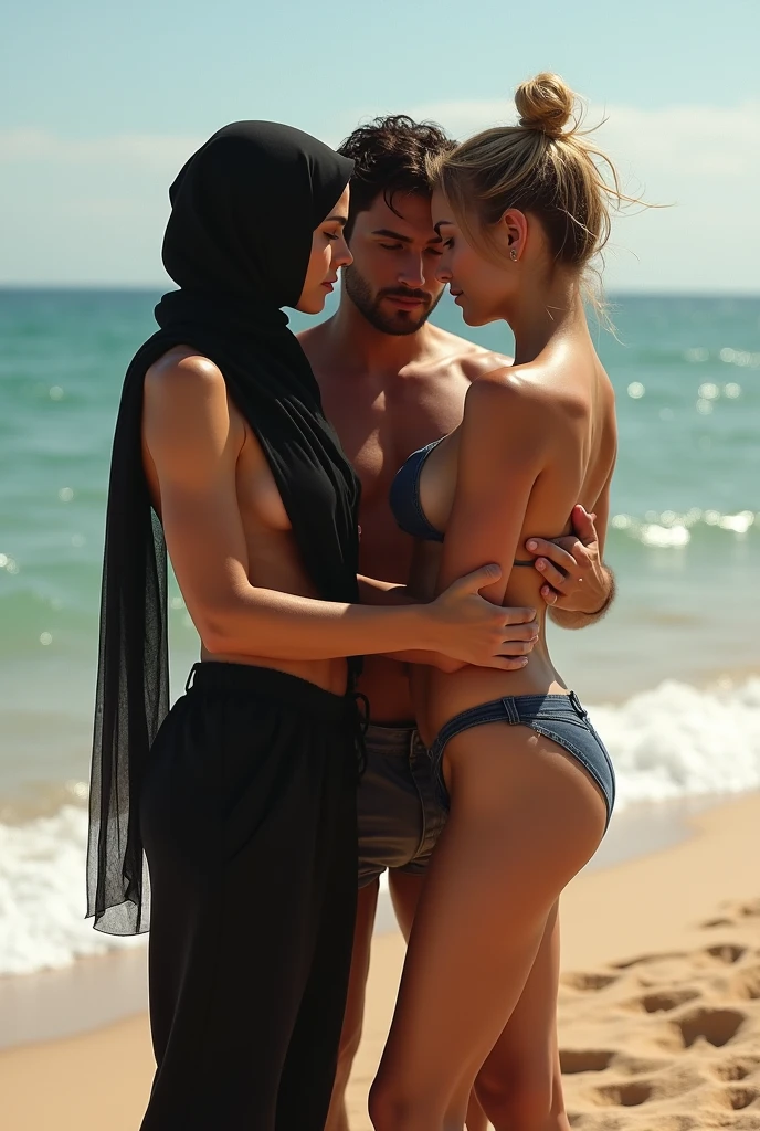 Short on the Beach, with black headscarf, black sweatpants, barefoot woman and messy haired sexy woman. 2 men touching women