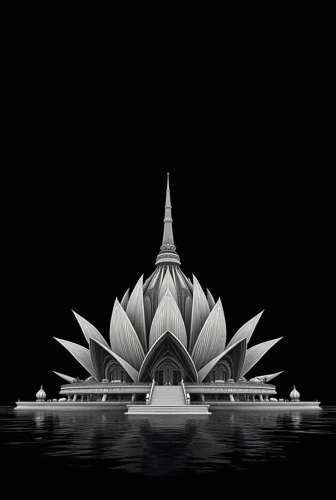 Lotus temple drawing using white pen in black background 