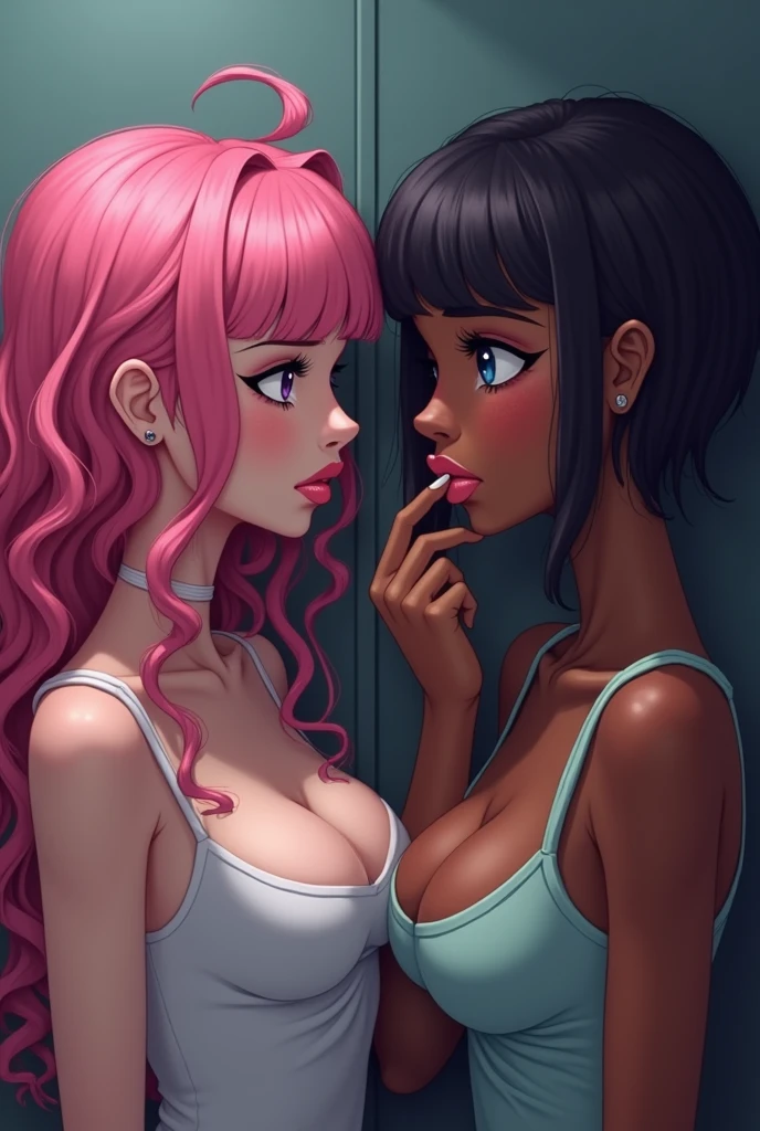 Sexy girl big breasts pink hair bangs, curly and long, with big pink lips, with long eyelashes violet eyes, They look into each other's eyes with another embarrassed dark-skinned girl with blue eyes as she touches her lips tensely ,dark skinned dwarf , short black pixie hair cut very short above the ears in a catholic school