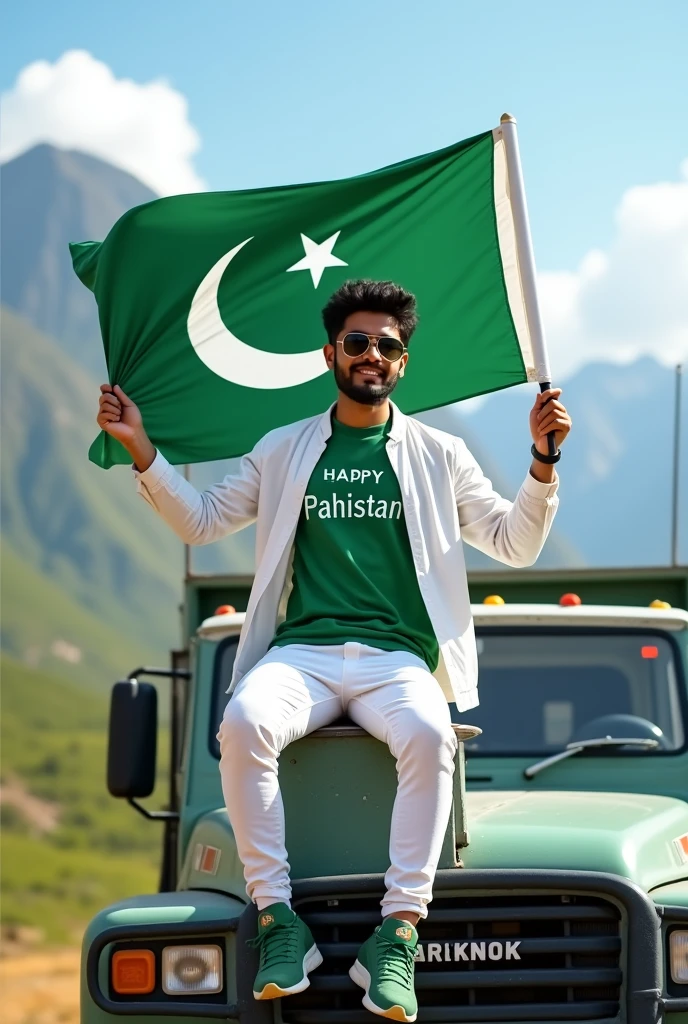Create an Real image featuring a young man sitting on the hood of a white and green truck,with Pakistan’s scenic background. He’s holding a flag celebrating Pakistan’s 14th August. The boy wears a green T-shirt with ‘Abdul haq siyal blogger’ printed on it, white jacket, white pants, green shoes and sunglasses.