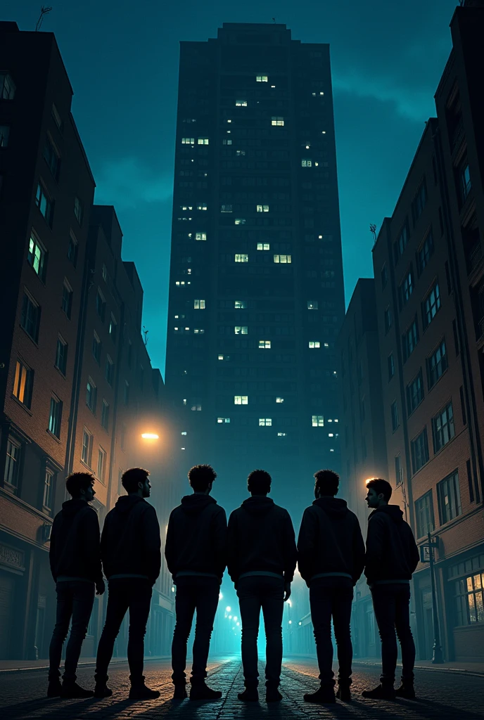 Create an image of the bunch of drunk lads looking at an apartment building at midnight.