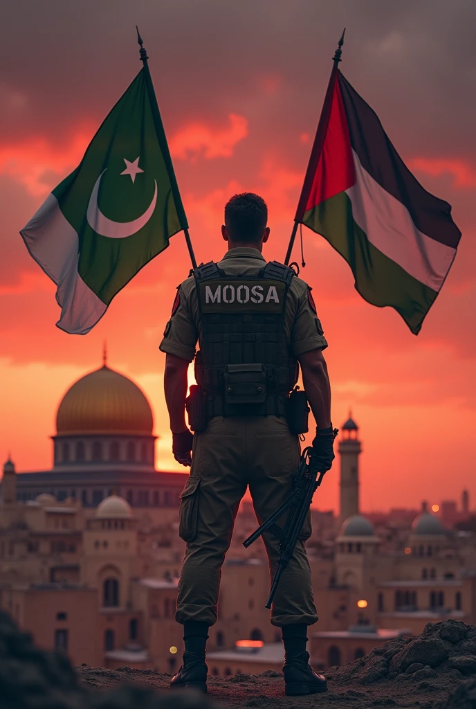 A soldier With Shirt back name Moosa Erect Pakistani flag _ and AlsoPalestine flag on Masjid Al Aqsa in red cloud evening with weapons