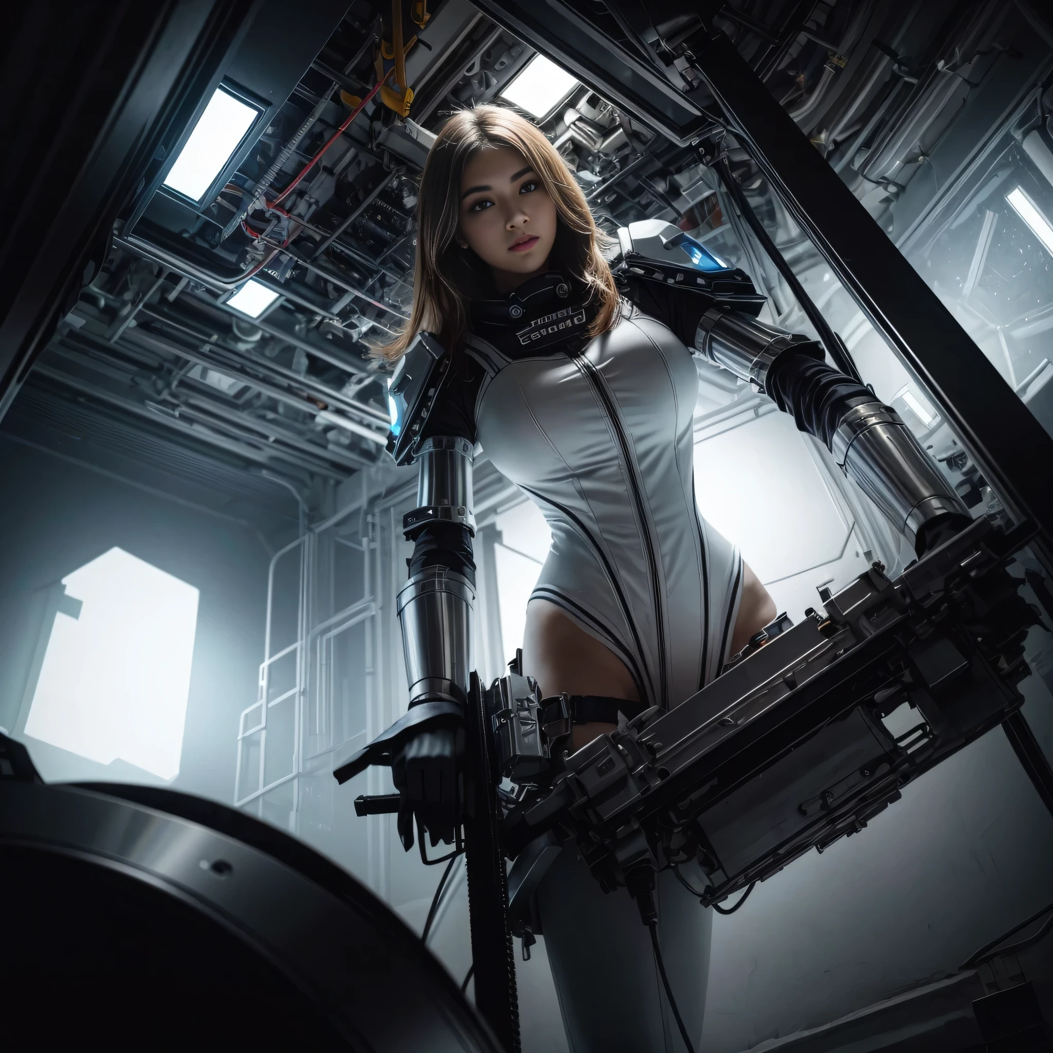 Candid photo of a female engineer repairing the engine of a huge spaceship, Wearing a tight futuristic space suit, masterpiece, (Beautiful and big eyes:1.1), Intricate details, Very complex iris, close, Neon Light, thick smoke, Cyberpunk atmosphere, Flash lighting, Shot with a Bolex H16, Expired Ektachrome film